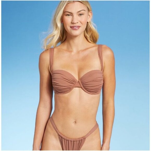 Shade & Shore Women's Lightly Lined Shirred Cup Bikini Top Hazelnut Brown 34D - Picture 1 of 3